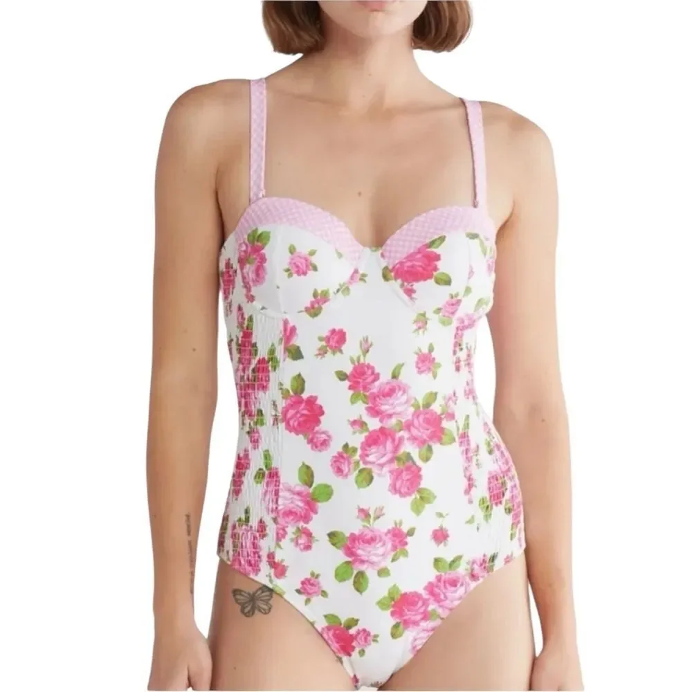 Betsey Johnson Love Always Betsy floral roses one piece smocked‎ swimsuit New M